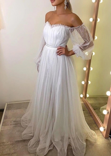 Off-the-shoulder Dots Tulle Wedding Dress With Sleeves