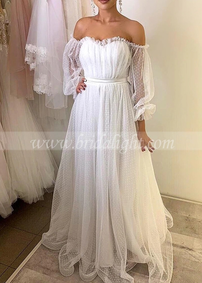 Off-the-shoulder Dots Tulle Wedding Dress With Sleeves