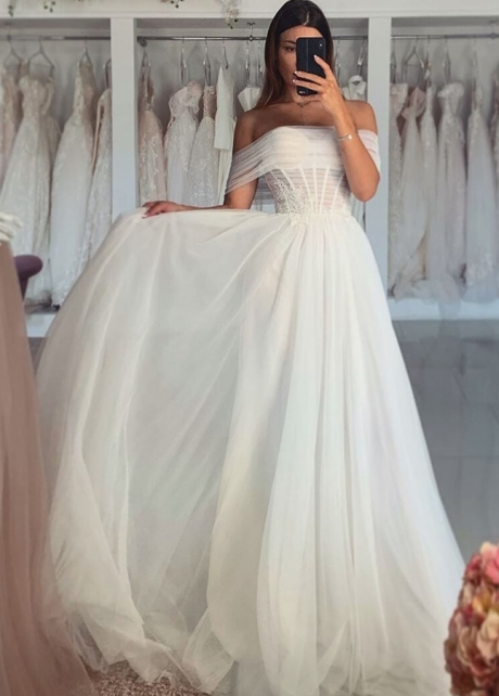 Off the Shoulder See Through Tulle Wedding Dress Beach