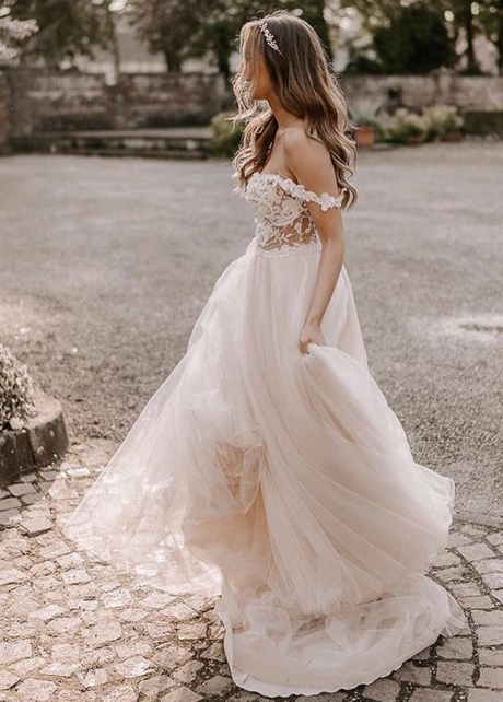 Off the Shoulder Nude Ivory Bridal Dress with See Through Lace Bodice