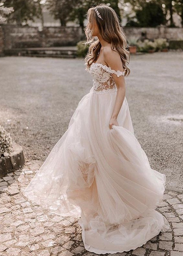 Off the Shoulder Nude Ivory Bridal Dress with See Through Lace Bodice