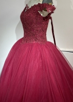 Off-the-shoulder Beaded Lace Burgundy Prom Ball Gowns vestido de baile