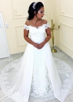 Off-the-shoulder Lace Sheath Wedding Gown with Tulle Train