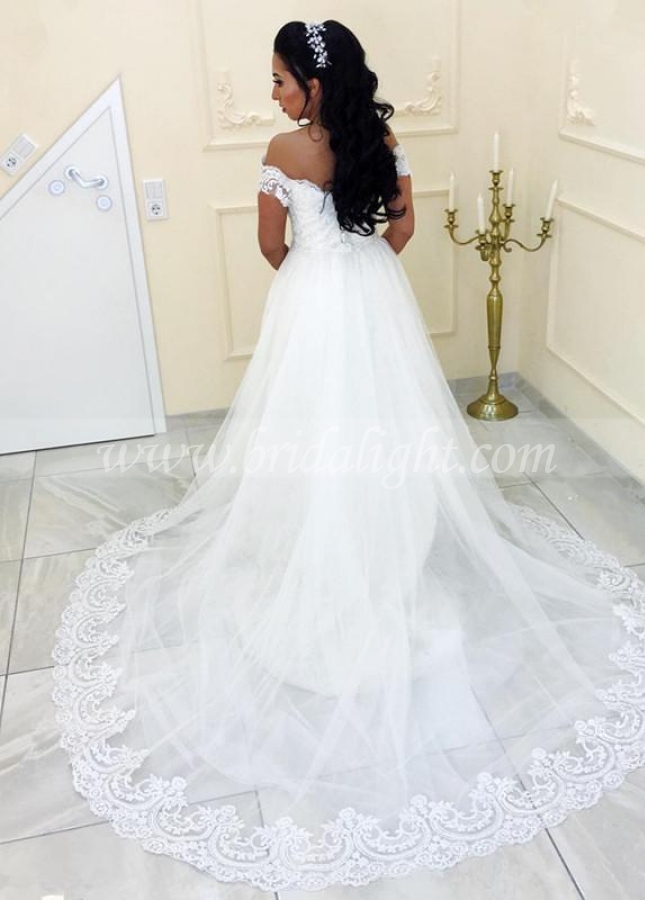 Off-the-shoulder Lace Sheath Wedding Gown with Tulle Train