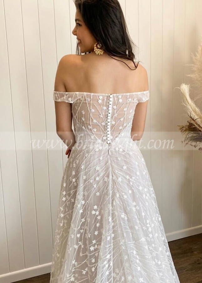 Off the Shoulder Lace Nude Lining Bride Dress