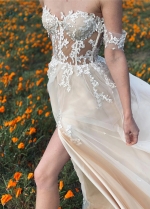 Outdoor See Through Off the Shoulder Champagne Lining Ivory Overlay Wedding Dress With Slit