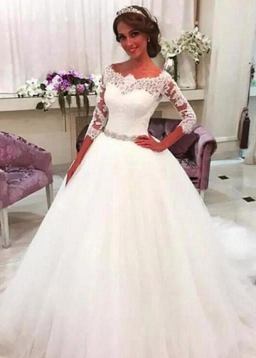 Off-the-shoulder Lace 3/4 Sleeves Wedding Gown with Rhinestones Belt Sash