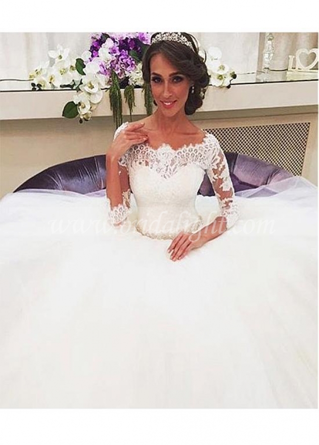 Off-the-shoulder Lace 3/4 Sleeves Wedding Gown with Rhinestones Belt Sash