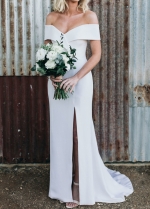 Off the Shoulder Sheath Wedding Dress with Slit