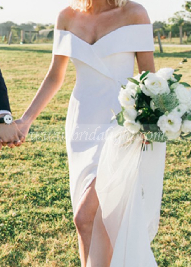 Off the Shoulder Sheath Wedding Dress with Slit