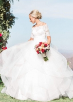Off-the-shoulder Lace Ruffled Wedding Dress Ball Gown with Sleeves