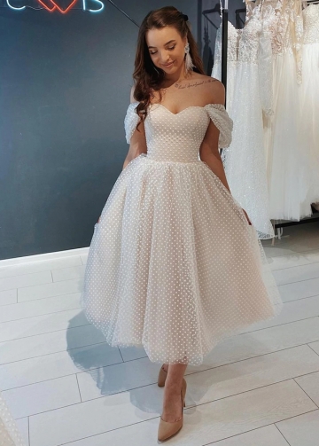 Off the Shoulder Tea Length Bridal Dress