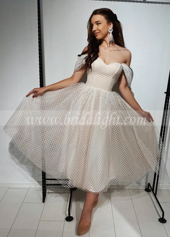 Off the Shoulder Tea Length Bridal Dress