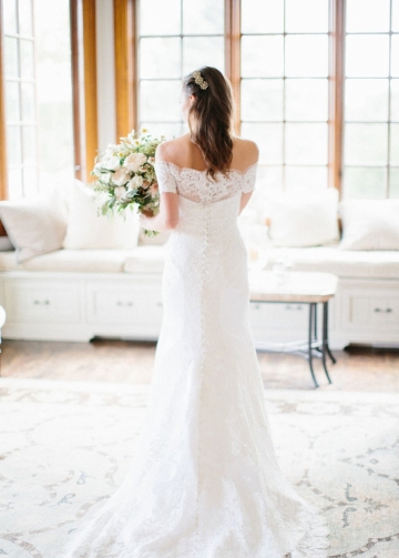 Off-the-shoulder Floral Lace Wedding Gown with Sweep Train