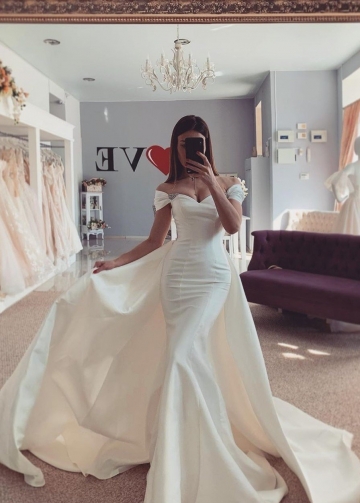 Off-the-shoulder Mermaid Satin Weding Dress with Attached Train