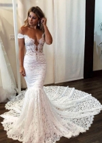 Off-the-shoulder Rich Lace Bridal Gown with Mermaid Train