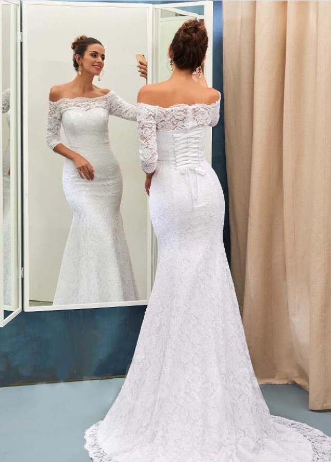 Off-the-shoulder Lace White Wedding Dress with Sleeves