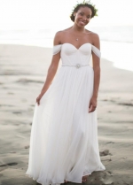 Off the Shoulder Beach Wedding Dresses A-Line with Beaded Waist