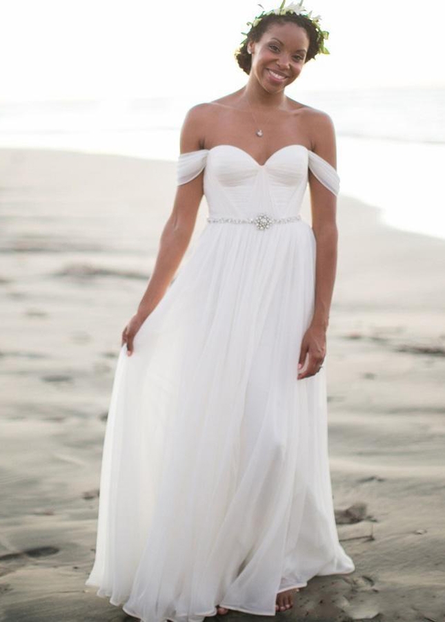 Off the Shoulder Beach Wedding Dresses A-Line with Beaded Waist