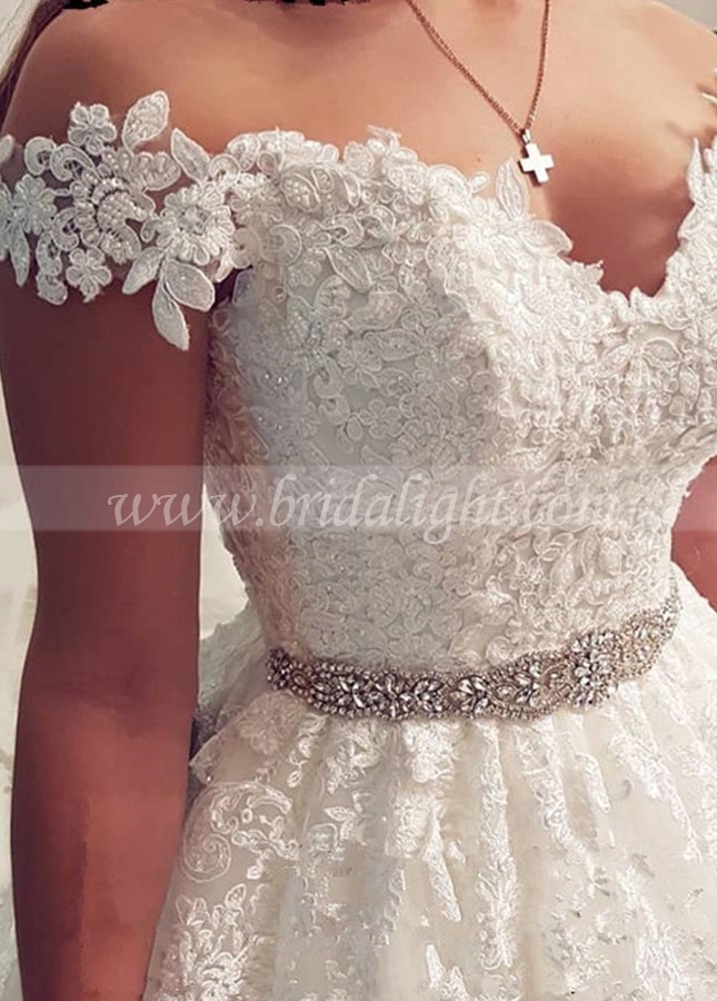 Off the Shoulder A Line Wedding Dress Appliques Wedding Gowns with Beaded Belt
