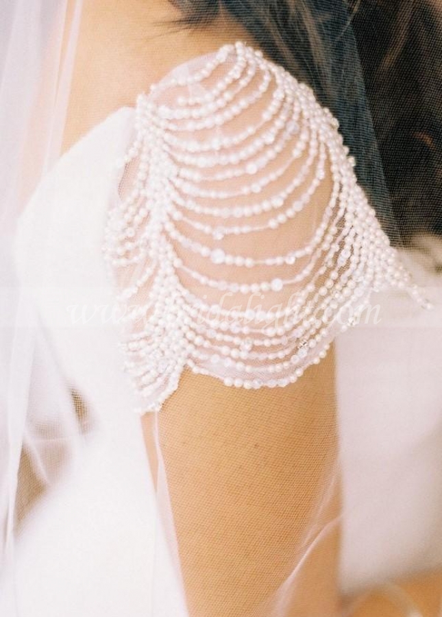 Pearls Cap Sleeves Wedding Dresses with Irregular Tulle Skirt