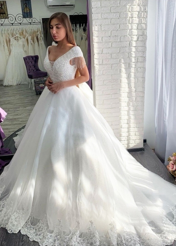 Princess Crystals Wedding Dresses with Lace Tulle Train