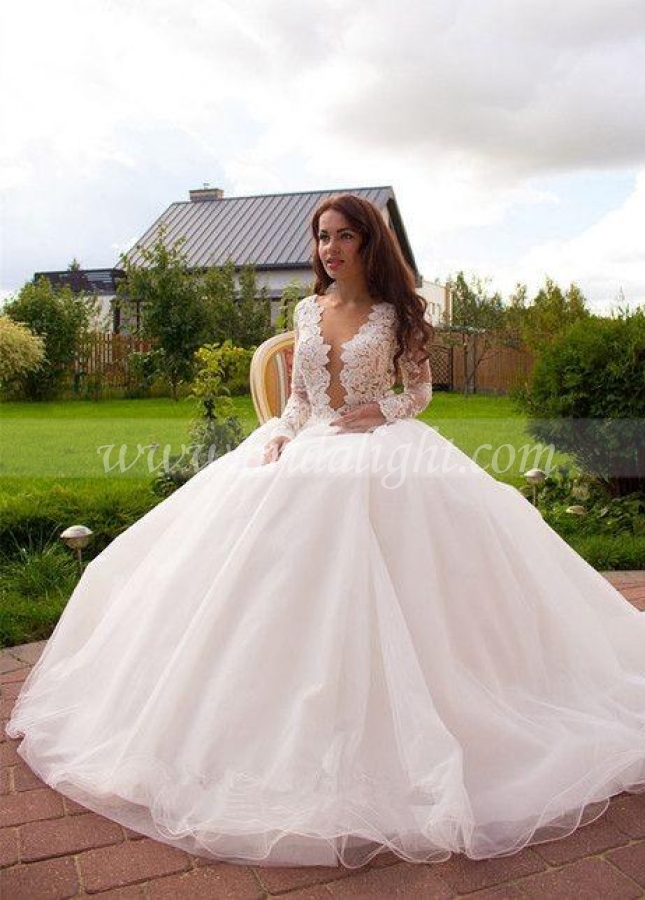 Plunging Lace Long Sleeves Wedding Dresses Tulle Skirt