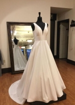 Plunging A-line Satin Wedding Gown with Small Train