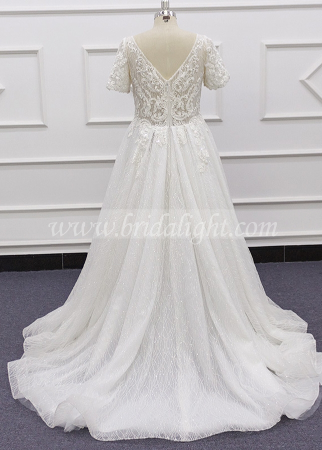 Plus Size Sequin Tulle Short Sleeves Bridal Dresses