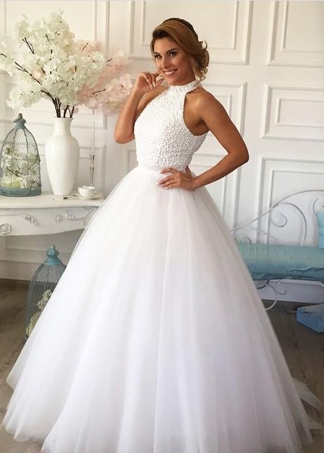 Pearls High Neck White Wedding Dress Tulle Skirt