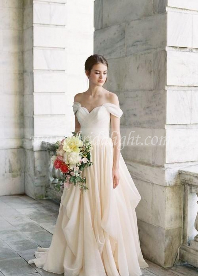 Pleated Off-the-shoulder Ivory Wedding Dress with Chiffon Skirt