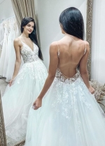 Princess Lace Tulle Wedding Dresses with Open Back