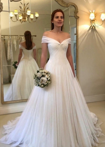 Pleated Off-the-shoulder Ivory Wedding Gowns Tulle Skirt