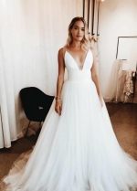 Plunging V-neck Simple Tulle Bridal Gown with Wide Waistband