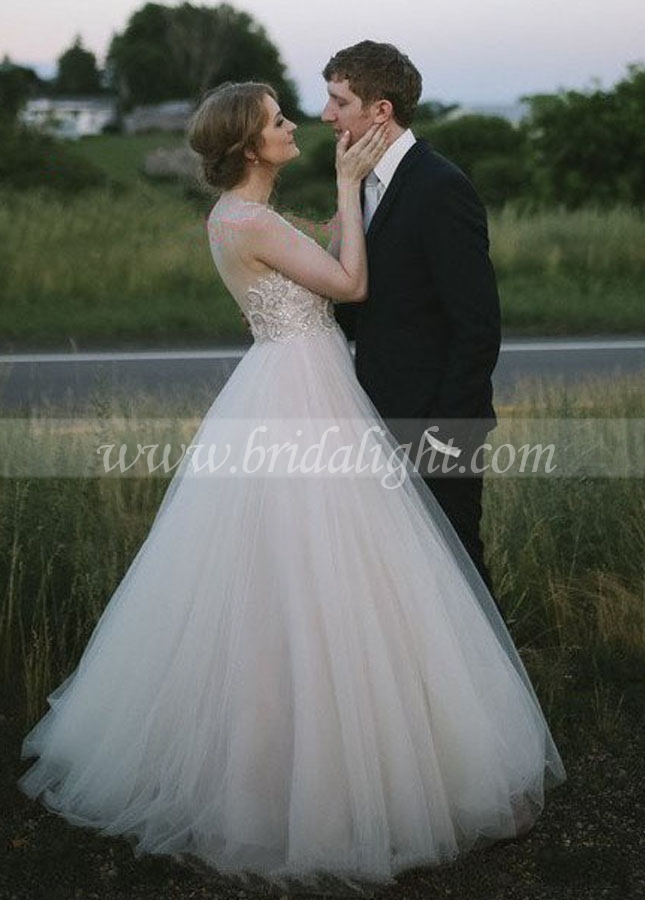 Plunging V-neck A-line Tulle Crystals Bridal Gown
