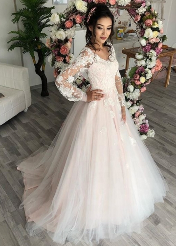 Princess Blush Pink Wedding Dress with Long Sleeves