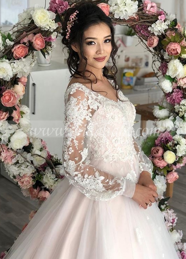 Princess Blush Pink Wedding Dress with Long Sleeves