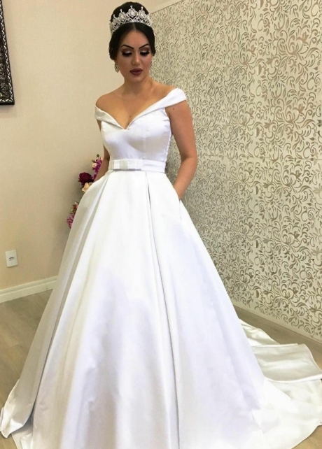 Illusion Neckline Satin A-line Wedding Dress with Pockets