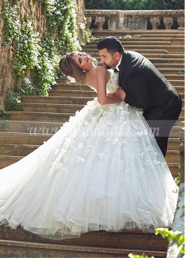 Petal Flowers Strapless Ball Gown Wedding Dress Corset Back
