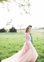 Pearls Lace Blush Wedding Dresses with Plunging V-neck