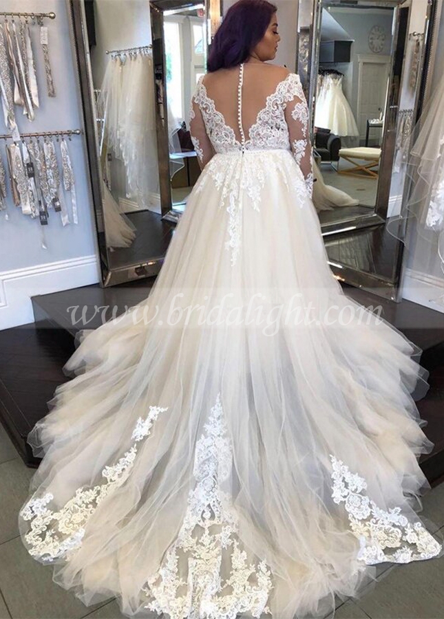 Plus Size Lace Tulle Bridal Gown with Long Sleeves
