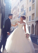 Princess Off-the-shoulder Lace Wedding Gown with Tulle Skirt