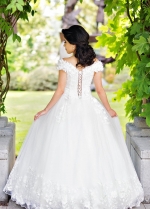 Plunging Neckline White Wedding Gown with Flower Off-the-shoulder