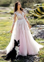 Pink and White Lace Tulle Wedding Dresses with Belt