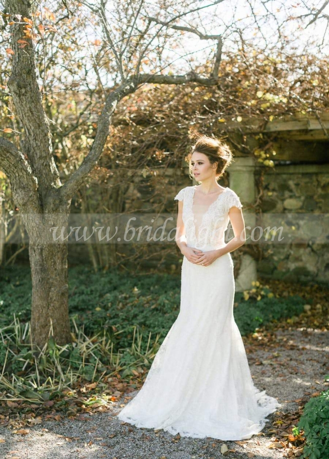 Plunging V-neck Trumpet Wedding Dress Lace Cap Sleeves vestido de noiva de renda