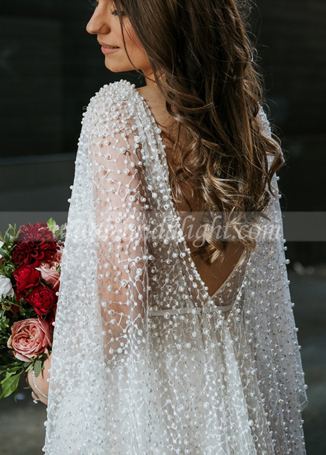 Pearl Tulle Wedding Gowns with V-neckline vestido novia