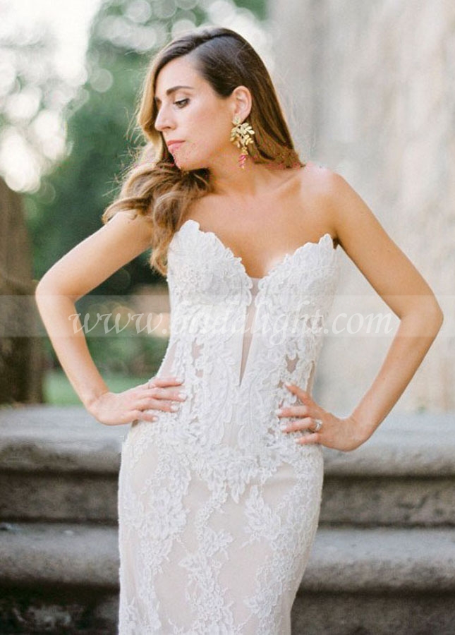 Plunging Neckline Slim Lace Dresses Wedding with Corset Back