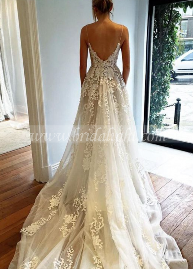 A Line Lace Wedding Dress Sexy Backless Chapel Train Wedding Bridal Gown