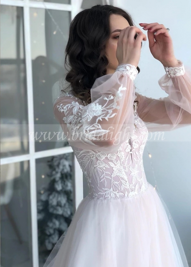 Princess 2022 Long Sleeve Appliques Lace Tulle Bridal Wedding Gowns