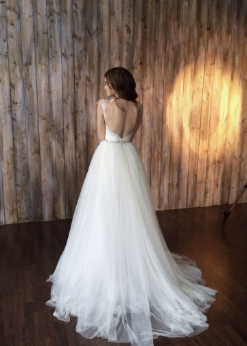 Queen Anne Beaded Lace Bridal Gown with Removable Tulle Skirt